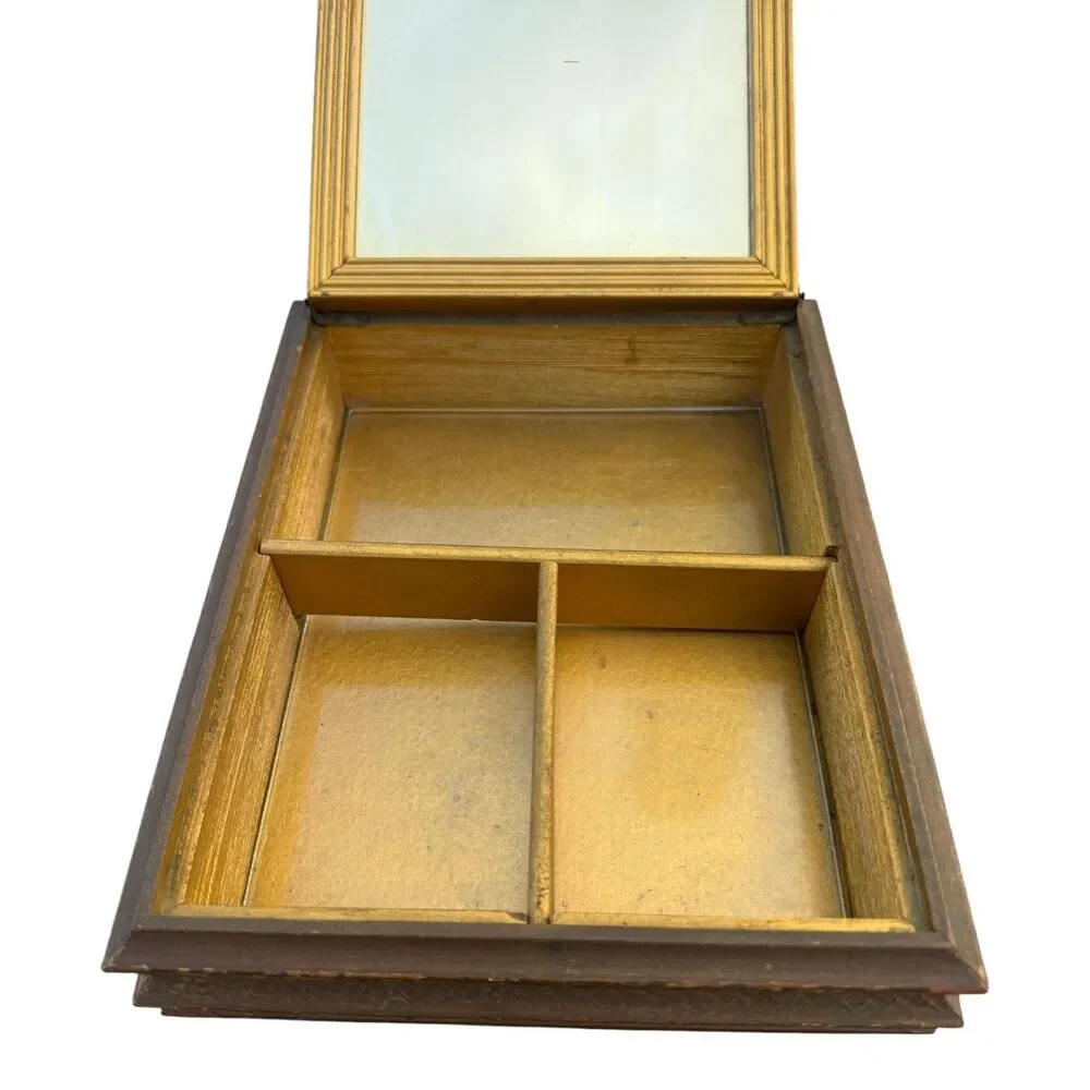 Jewelry Trinket Box Antique Victorian-style Hinged Wooden Frame w/Mirror 10in